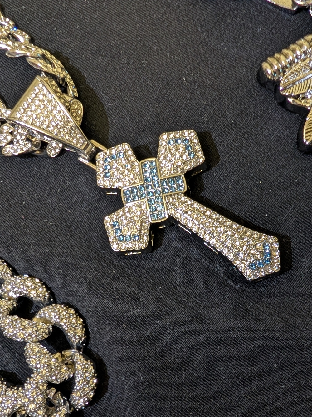 Crystal Pave Cross Pendant Necklace - Silver with Light Blue Accents* 5 Chains ⛓